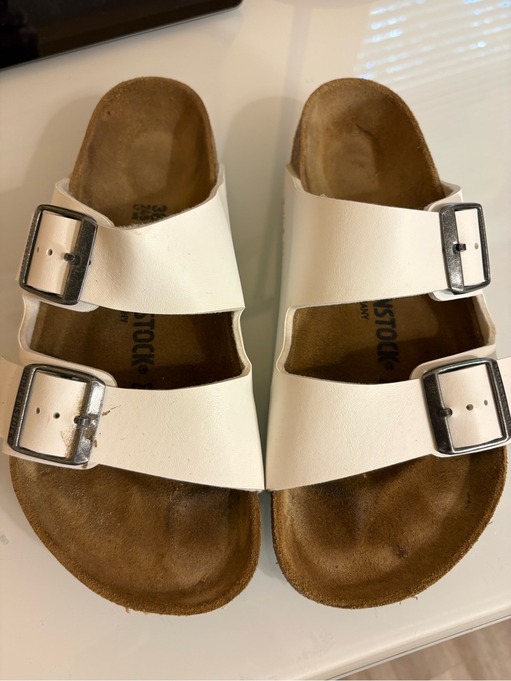 Birkenstock White Double-Strap Sandals with Silver Buckles